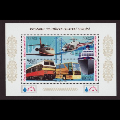 Türkei: 1996, Blockausgabe Briefmarkenausstellung ISTANBUL 96 (auch Motiv Eisenbahn und Flugzeug)