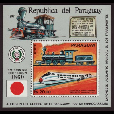 Paraguay: 1972, Blockausgabe Lokomotive (mit Aufdruck Muestra)