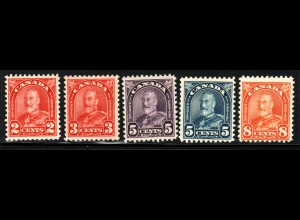 Kanada: 1930, Freimarken König Georg V. (5 postfrische Einzelwerte, Kat.-Nr. 142, 144, 146, 147, 149, Katalognotierung ist für Falz, + 100 %)