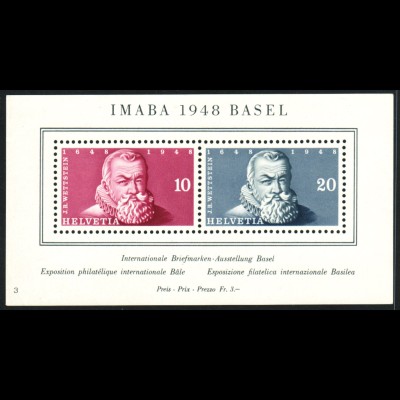 Schweiz: 1948, Blockausgabe IMABA (postfrischer Block mit minimalen Einschränkungen, M€ 90,-)