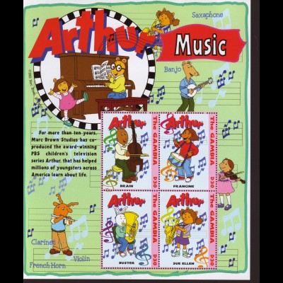 Gambia: 2004, Kleinbogen Comicfigur "Arthur" als Musiker (1 von 3 Kleinbögen)