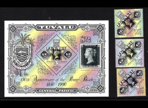 Tuvalu: 1990, 150 Jahre Briefmarken (Satz und Blockausgabe mit Aufdruck Specimen, Motiv Marke auf Marke)