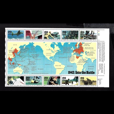 USA: 1992, Blockausgabe Geschichte des 2. Weltkrieges (Jahr 1942 als 1/2 Schalterbogen)