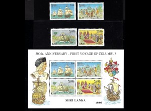 Sri Lanka: 1992, Entdeckung von Amerika durch Kolumbus (Satz und Blockausgabe)