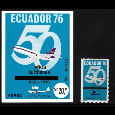 Ecuador: 1976, 50 Jahre Lufthansa (Einzelmarke und Blockausgabe)