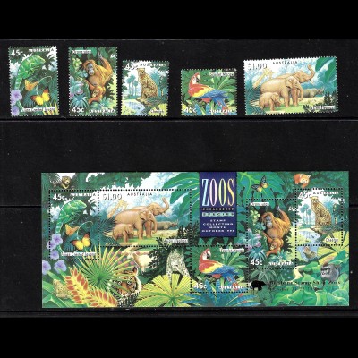 Australien: 1994, Zoologische Gärten (Tiere, Satz und Blockausgabe)