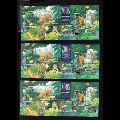 Australien: 1994, Zoologische Gärten (3 von 4 Ausstellungsblöcken mit Goldaufdruck)