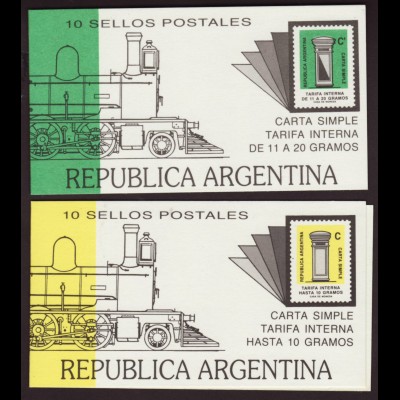 Argentinien: 1987, Freimarken Briefkasten als Markenheftchenpaar mit jeweils 10 Marken, Aussendeckel mit Motiv Dampflokomotive)