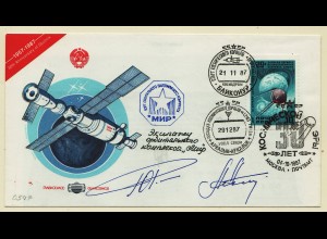 Weltraum: 1987, Geflogene Bordpost der Raumstation MIR, Originalunterschriften 