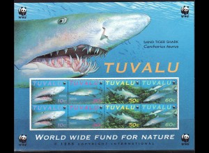 Tuvalu: 2000, Kleinbogen Tigerhai (WWF-Ausgabe, enthält 2 Viererstreifen)