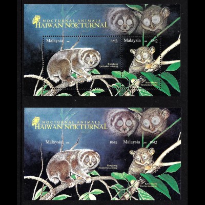 Malaysia: 2008, Blockpaar Nachtaktive Tiere (gez. und ungezähnt)