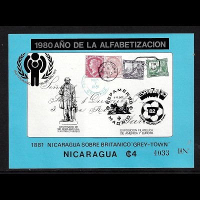 Nicaragua: 1980, Überdruck-Blockausgabe Alphabetisierungskampagne Briefmarkenraritäten (Motiv Marke auf Marke mit Aufdruck, Jahr des Kindes, Rowland Hill und Fußball-WM)