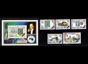 Belize: 1984, Briefmarkenausstellung AUSIPEX (Satz und Blockausgabe, auch Motiv Marke auf Marke)