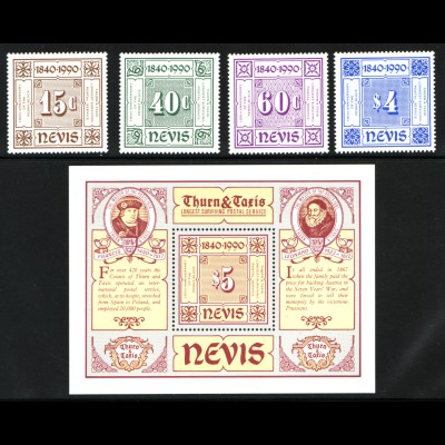 Nevis: 1990, 150 Jahre Briefmarken (Satz und Blockausgabe)