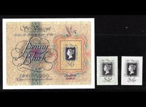 St. Vincent: 1990, 150 Jahre Briefmarken (Satz und Blockausgabe, Motiv Marke auf Marke)