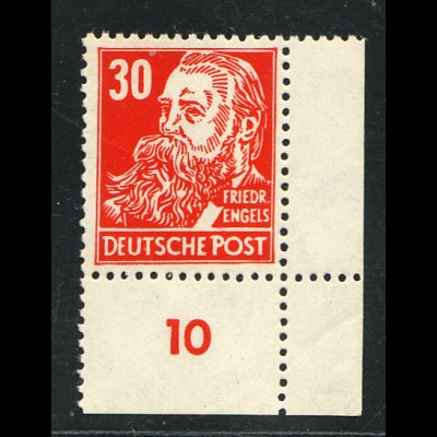 DDR: 1952, Köpfe II 30 Pfg. (Eckrandstück unten rechts)