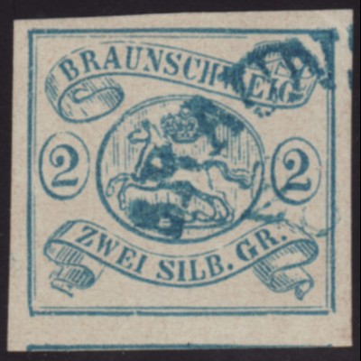 Braunschweig: 1852, Wappen 2 Sgr. blau vollrandiges sauber gestempelt, 