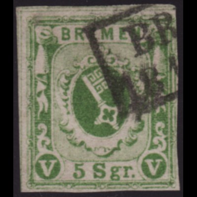 Bremen: 1859, Staatswappen 5 Sgr. gelbgrün, geschnitten 