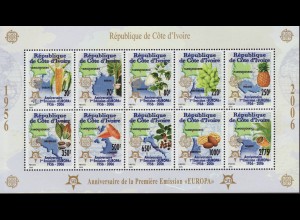 Elfenbeinküste: 2005, Kleinbogen 50 Jahre Europamarken (Motiv Landkarten und Nutzpflanzen)