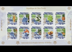 Elfenbeinküste: 2005, Kleinbogen 50 Jahre Europamarken (ungezähnt, Motiv Landkarten und Nutzpflanzen)