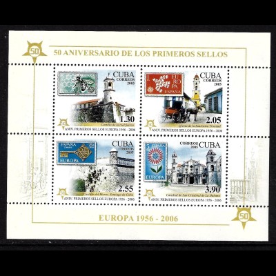 Kuba: 2005, Blockausgabe 50 Jahre Europamarken (Motiv Marke auf Marke und Gebäude)
