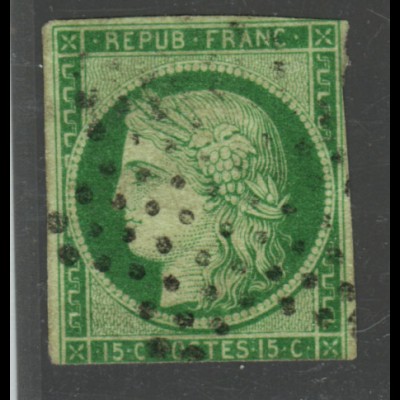 Frankreich: 1849, Ceres 15 C. gelbgrün, seltene Marke 2. Wahl, Punktstempel 