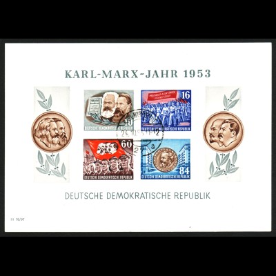 1953, Marx-Block mit vier Marken gezähnt (Bedarfsstück, bessere WZ-Type YII) 