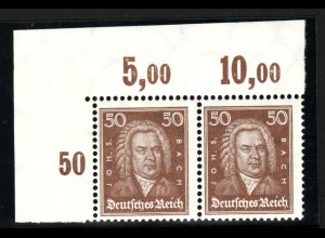 1926, Bach 50 Pfg. (waager. Eckrandpaar oben links im Plattendruck, Neugummi)
