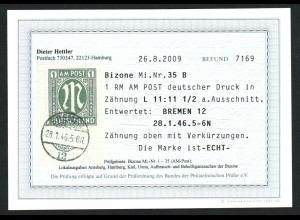Bizone: 1945, AM-Post 1 RM (selten echt gestempelte Marke auf Briefstück) 