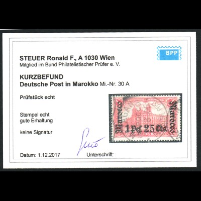 Deutsche Post in Marokko: 1905, 1 Pes. 25 Cts., Kurzbefund Steuer BPP