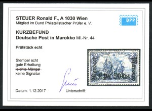 Deutsche Post in Marokko: 1906, 2 Pes. 50 Cts. mit WZ, Kurzbefund Steuer BPP