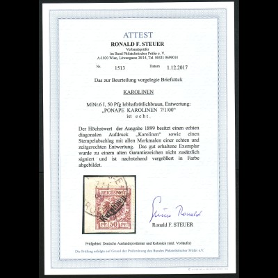 Karolinen: 1900, Diagonaler Aufdr. 50 Pfg. Bedarfs-Briefstück, Fotoattest BPP