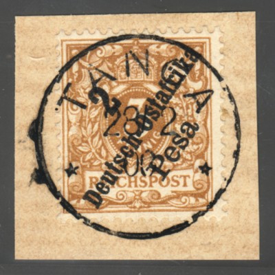 DOA: 1896, 2 Pesa auf 3 Pfg. hellockerbraun (Briefstück, farbgepr. BPP)
