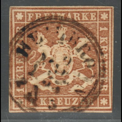 Württemberg: 1857, Wappen 1 Kr. bessere Farbe hellbraun (farbgepr. BPP)