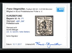 Bayern: 1862, Portomarke 3 Kr. geschnitten, Kurzbefund Stegmüller BPP