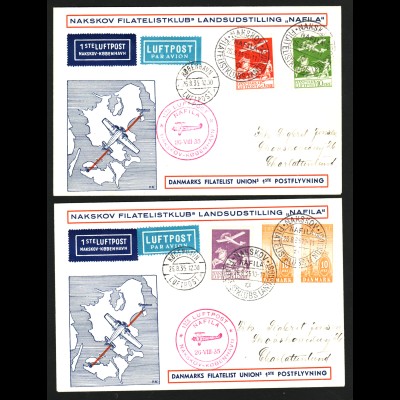 Dänemark: 1935, Flugpostausgabe, 2 portogerechte dekorative Luftpostbriefe 
