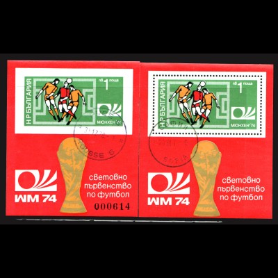 Bulgarien: 1974, Blockpaar Fußball-WM Deutschland, gez. und ungezähnt, M€ 83,-)