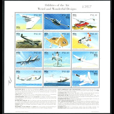 Palau-Inseln: 1996, Kleinbogen Besondere Flugzeugkonstruktionen