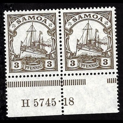 Samoa: 1919, Kaiserjacht 3 Pfg. (postfrisches Unterrandpaar mit HAN H 5745.18)